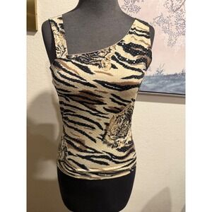 Formula X Tiger Print Sequin Tank Top Small Y2K Animal Print Sleeveless USA